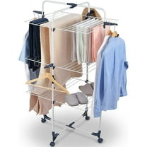 KABB Clothes Drying Rack, 3-Tier Folding Indoor Laundry Drying Rack with Wheels 4 Hooks, Metal, White
