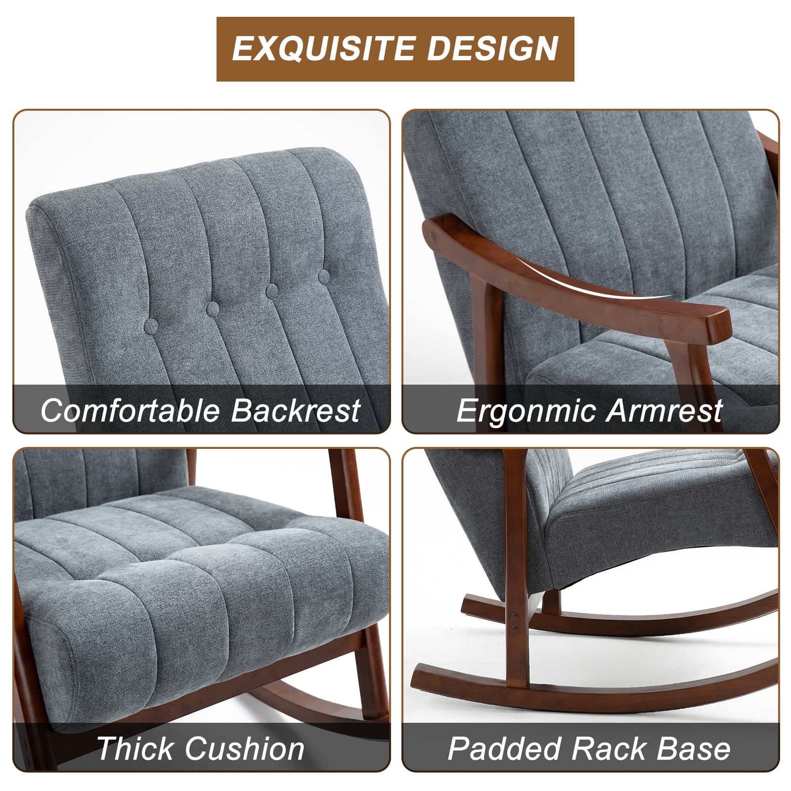 Homhum Upholstered Rocking Chair, Modern High Back Armchair, Adult Single Sofa for Indoor, Dark Gray