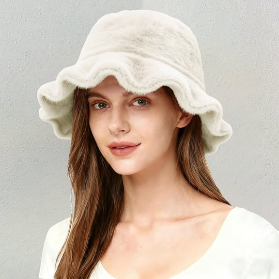 Outfmvch Gorros De Frio Para Mujeres Women's Faux Fur Bucket Hats Fluffy Winter Warm Ladie's Unique Wide Brim Fisherman Cap Ski Mask Beige One Size