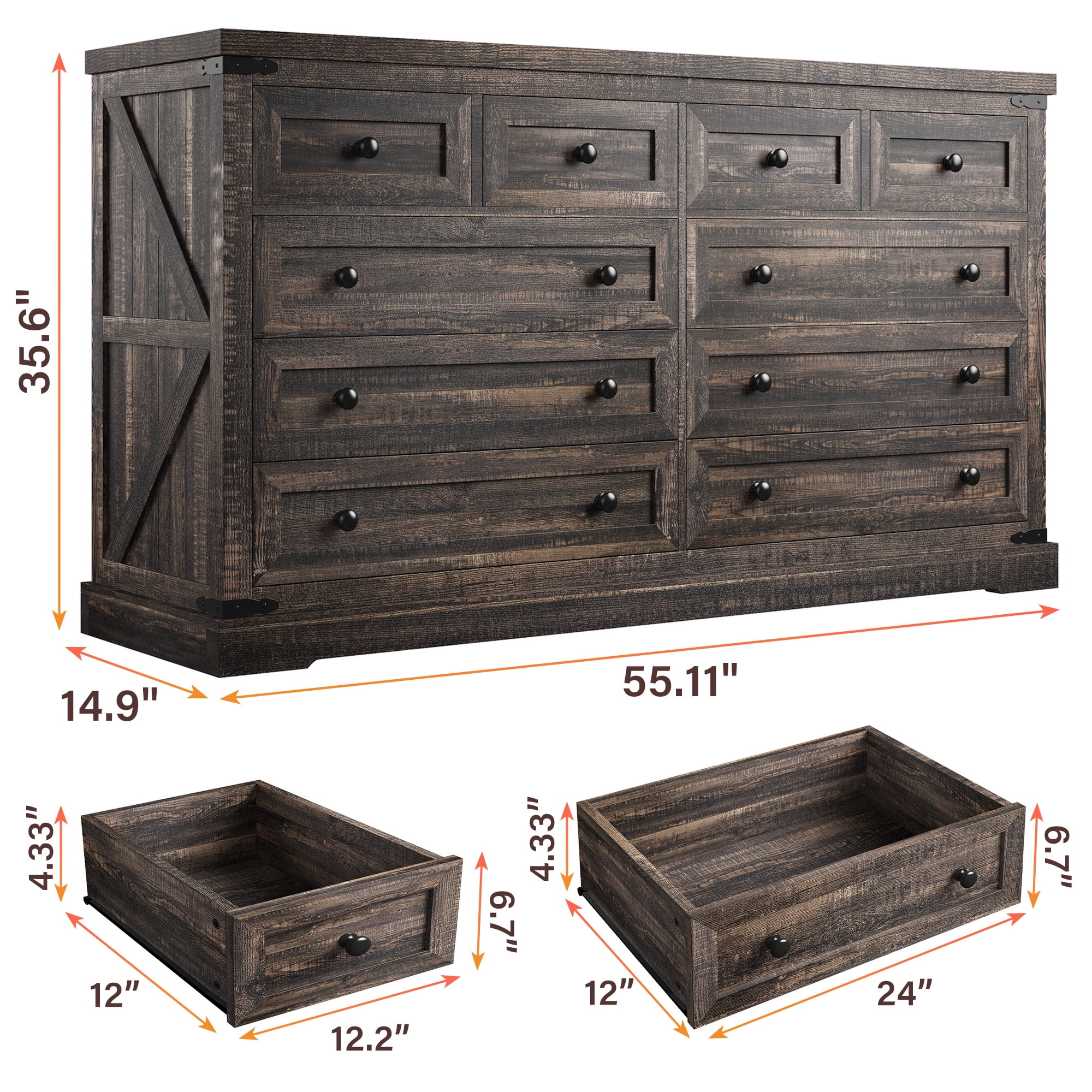 EnHomee 10 Drawers Wood Dresser for Bedroom Furniture 55" Wide Dressers & Chests of Drawers with 10 Deep Drawers, Dark Rustic Oak