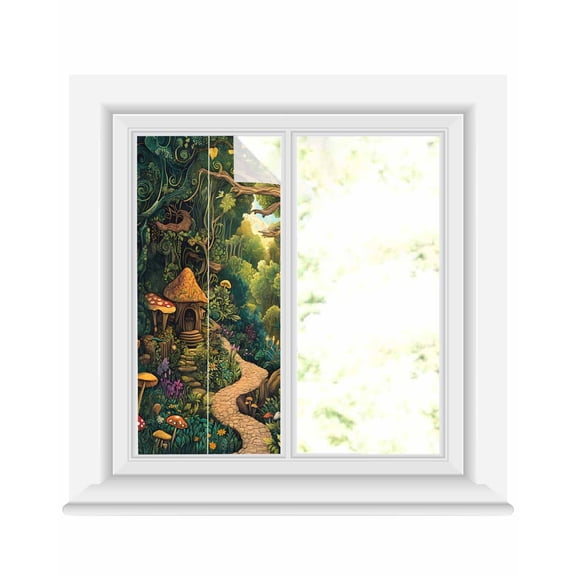 Window Privacy Film Forest Stained Glass Window Film Decorative Sun Block Window Cover Vintage Cottage Mushroom Tree Floral Green Window Clings Static Adhesive Sticker for Bathroom 17.7"x39.3"