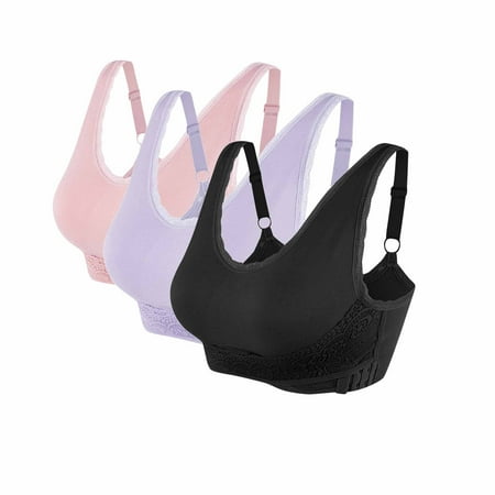 ATOYSOY 3 Pack Lace Splicing Everyday Bra Side Buckle Thin Lightly Teens Bralette Solid Color Underwear Workout Clearance Comfort Bra Breathable Push Up Wireless Tank Tops XL