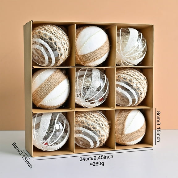 Christmas Tree Ornaments Set, 18 Pack Clear and White Baubles Rustic Burlap Christmas Balls Decoration for Tree, Party, Holiday Home Décor Supplies