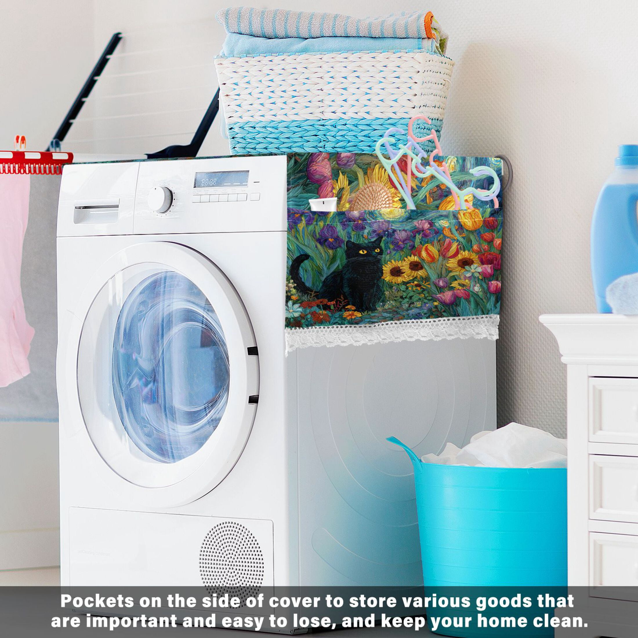 Wobogo Starry Night Tulip Cat Washing Machine Cover Dustproof Washer Dryer Cover Waterproof Laundry Room Decorative Protector