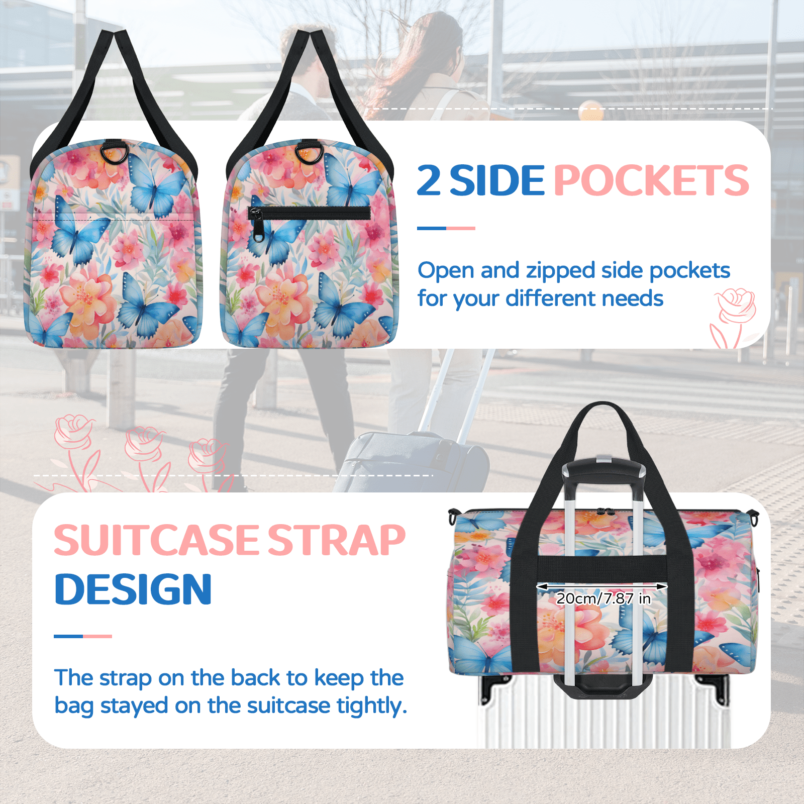 Herdesigns Blue Butterfly Pink Flowers Travel Duffle Bag Sports Yoga Weekender Overnight Carry on Workout Bags Lightweight Waterproof Gym Tote Bag for Women