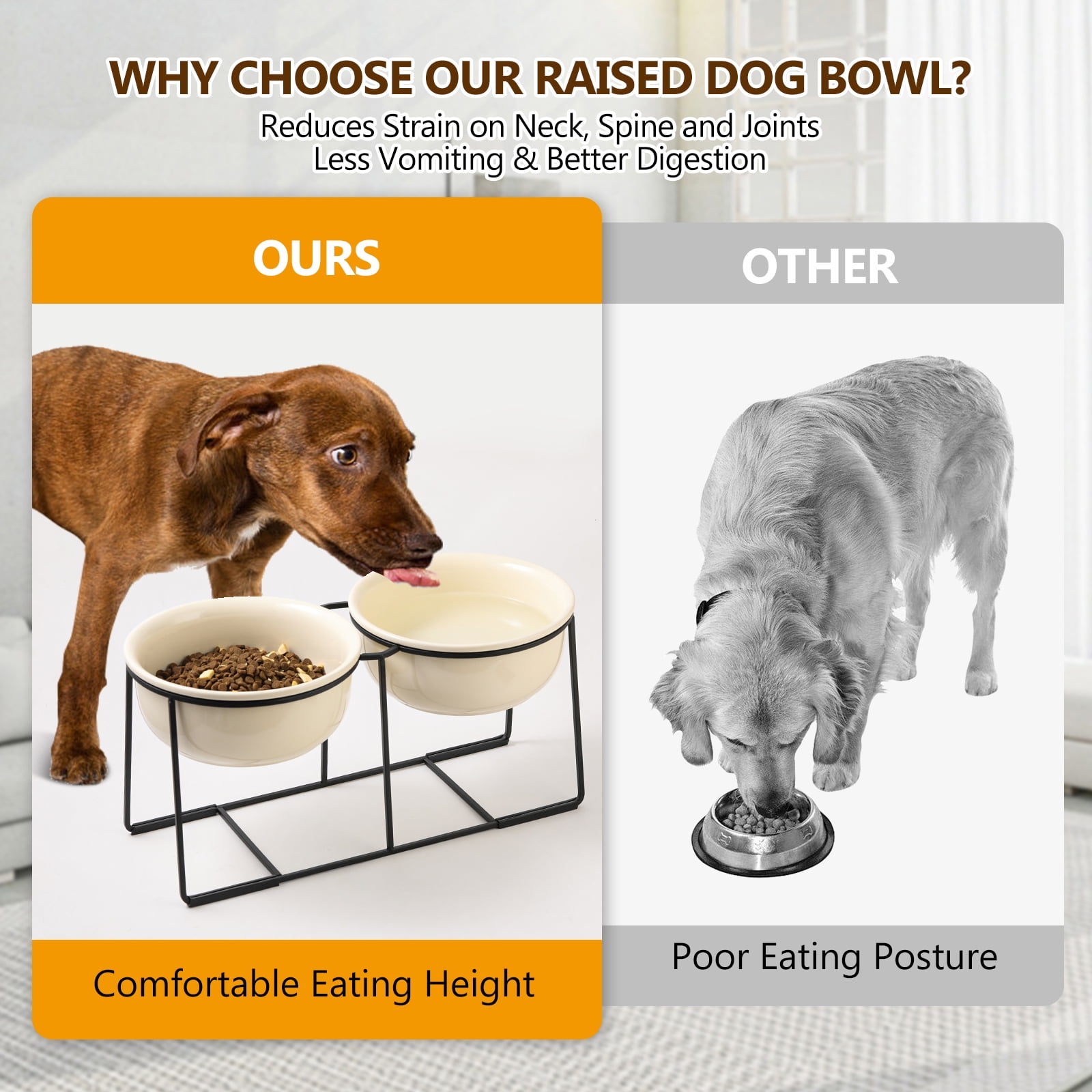 Elevated Large Dog Bowl Set - Raised Dog Food and Water Bowl with Non Slip Stand - Heavy Weighted Double Ceramic Dog Feeding Bowls - Extra Wide Deep Pet Dishes for Medium to Big Dogs - 2 x 1600 ML