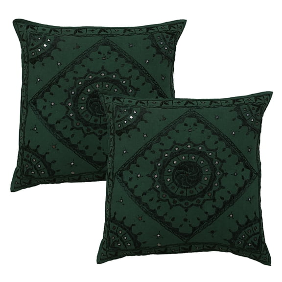 Stylo Culture Indian Couch Throw Pillow Covers 24 x 24 Big Hand Embroidered Dark Green Bohemian 60x60 cm Home Decor Cotton Mirrored Square Cushion Covers | Set Of 2