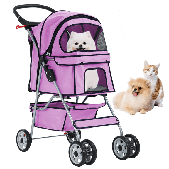 BORGEBY 4-Wheel Pet Stroller, Dog Cat Stroller Travel Folding Carrier with Removable Lining  and Cup Holder, for Small Medium-Sized Dogs & Cats(Pink)