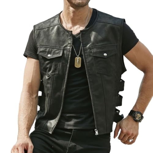 HIDE CRAFTS Men’s Black Leather Sleeveless Vest Motor Biker Classic Sporty Zip-Up Leather Waistcoat ll Side Adjustment Strap (US, Alpha, X-Large, Regular, Regular, Black)