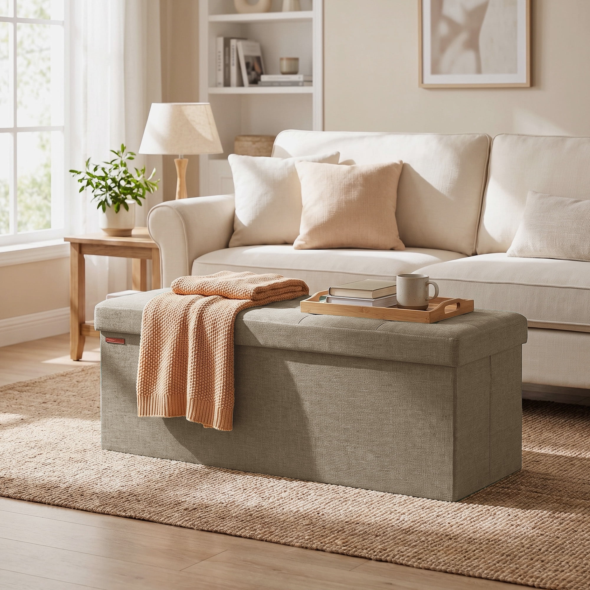 Ledrem Camel Brown Foldable Storage Ottoman Bench with 660lb Capacity