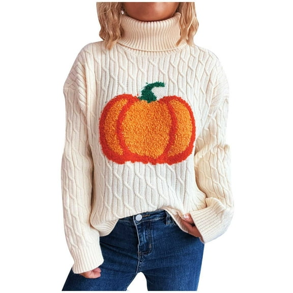 Uootdi Women's Pumpkin Sweater Turtleneck Cable Knit Fall Outfit Cozy Autumn Pullover Casual Halloween Themed Top Trendy Fashion Knitwear Loose Fit Comfy Long Sleeve Jumper for Daily Wear