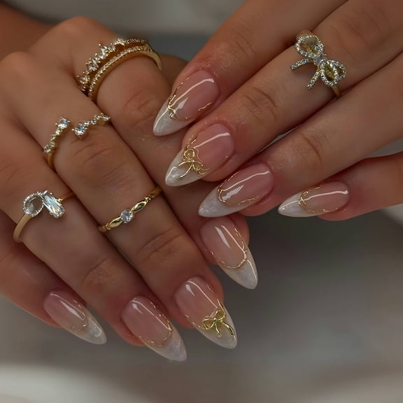 French Style Golden Edge Bow Almond Press On Nails 24 Pieces Sweet Cute Wearable Fake Nails