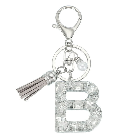Uxcell Initial Letter Keychain with Tassel and Pearl, Bling Alphabet Letter B Keyring Rhinestone Keychains with Key Ring for Key Purse Bags Handbags Car Key Cup, Silver
