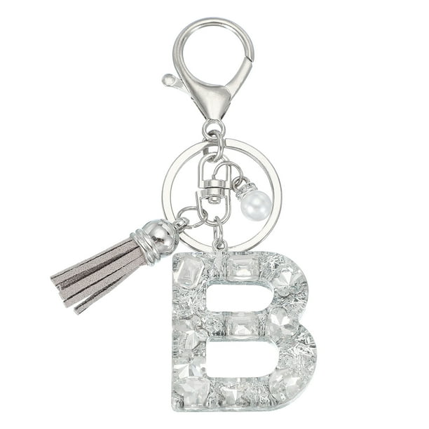 Llave de letra inicial Uxcell con borlas y perlas, llavero de letra B brillante con strass, llaveros con anillo para llaves, bolsos, carteras, llaves de coche, taza, plata