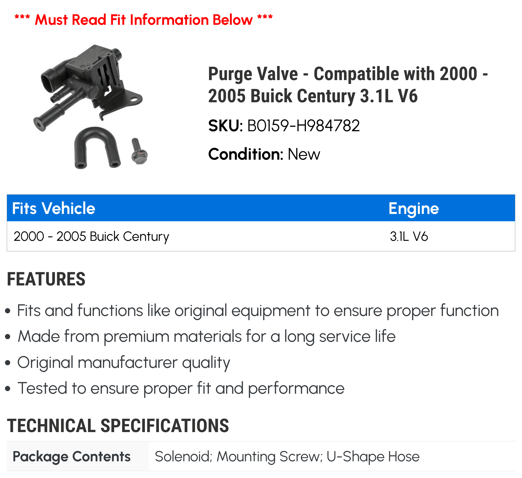 Purge Valve - Compatible with 2000 - 2005 Buick Century 3.1L V6 - Dorman