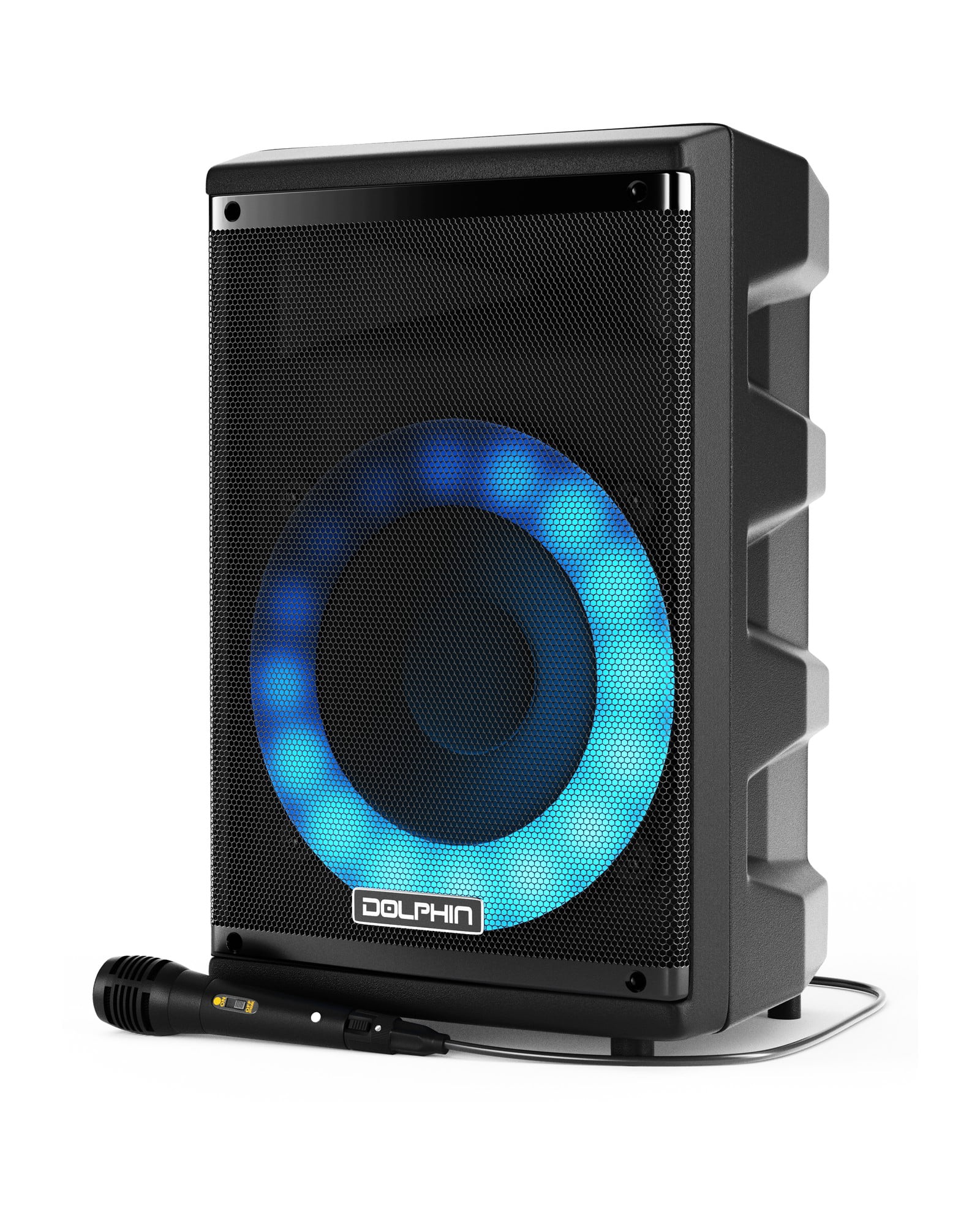Dolphin 2x Dual 8" Party Speakers with 2x LED Speaker Stands Bundle – Bluetooth, Built-in Rechargeable Battery, Wired Microphones, and Adjustable LED Stands for Events, Karaoke, and Outdoor Use
