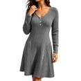 thumbnail image 6 of LEKWK Midi Dresses for Women Ribbed Knit V Neck A-Line Dresses Flowy Elegant Business Casual Office Work Fall Outfits Gray S, 6 of 8
