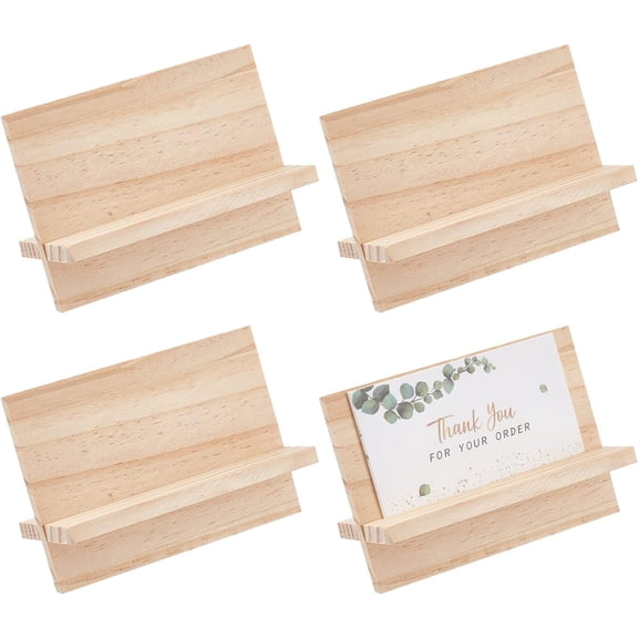 4 Sets Wood Business Card Holder Rectangle Wood Name Card Holder Display Natural Burlywood Business Card Stand for Desk Office Tables Organizer