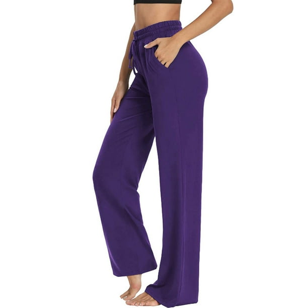Bellella Ladies Workout Pants Solid Color Yoga Elastic-Waist Sports  Trousers Stretch High Waist Bottoms Gym Purple M
