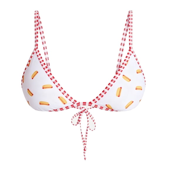 Women's 4th of July hotdog Double-sided Printing Triangle Bikini Set String Swimsuit Print Tie Smocked Two Piece Bathing Suit