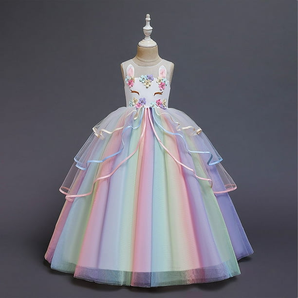 Vestido de princesa de hilo abullonado con malla de unicornio y arcoíris para niñas de estilo europeo y americano
