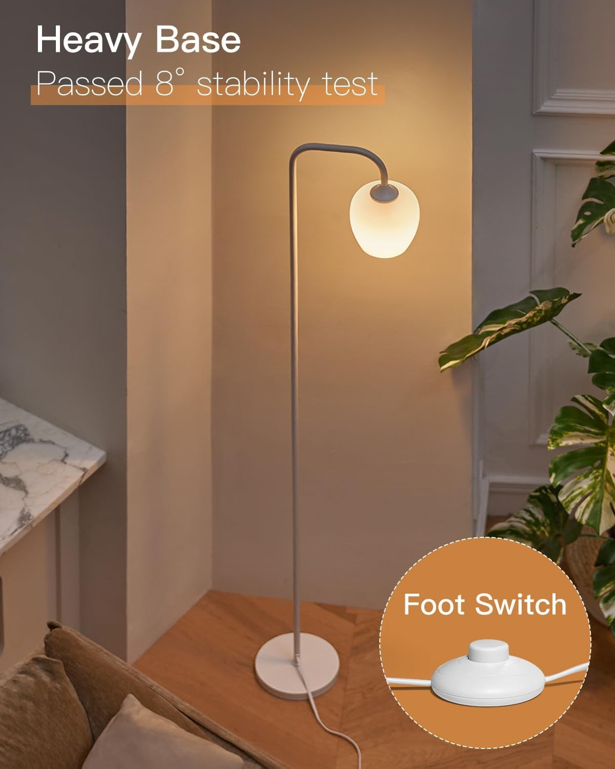 ONEWISH 65" Floor Lamp for Living Room, Modern Standing Lamp with Opal Glass Lamp Shade, Safe Tall Floor Lamp with LED Bulb and Foot Switch for Bedroom(White)