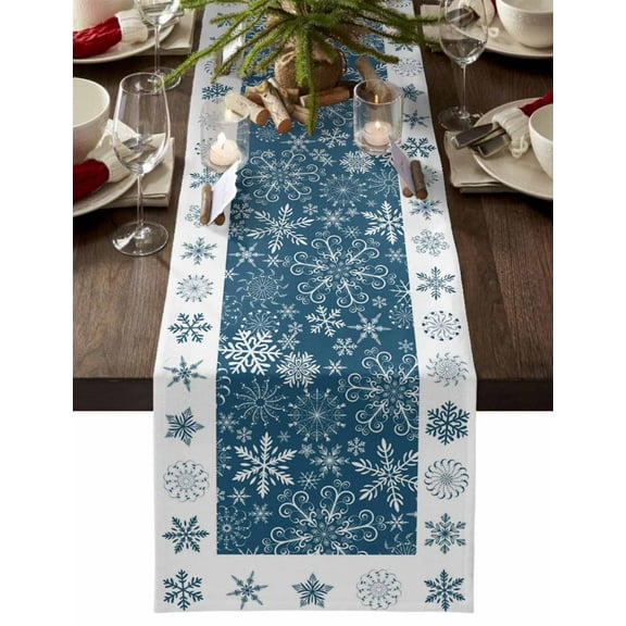 Christmas Table Runner Blue White Snowflake Table Runners Winter Snow Cotton Linen Dresser Scarf Kitchen Dining Table Decor for Christmas Holiday Party Decor 13x90 Inch