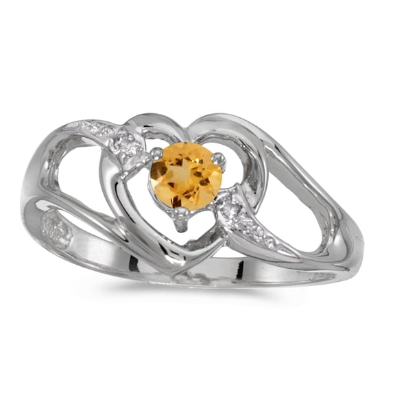 10k White Gold Round Citrine And Diamond Heart Ring
