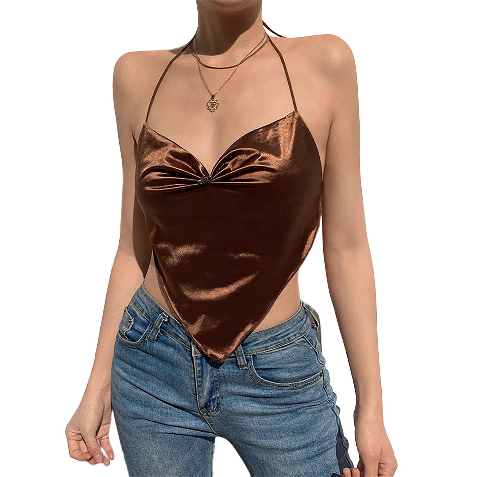 Listenwind Women Satin Ruched Halter Tops V-neck Backless Lace-Up Irregular  Hem Crop Top Camisole Streetwear - Walmart.com