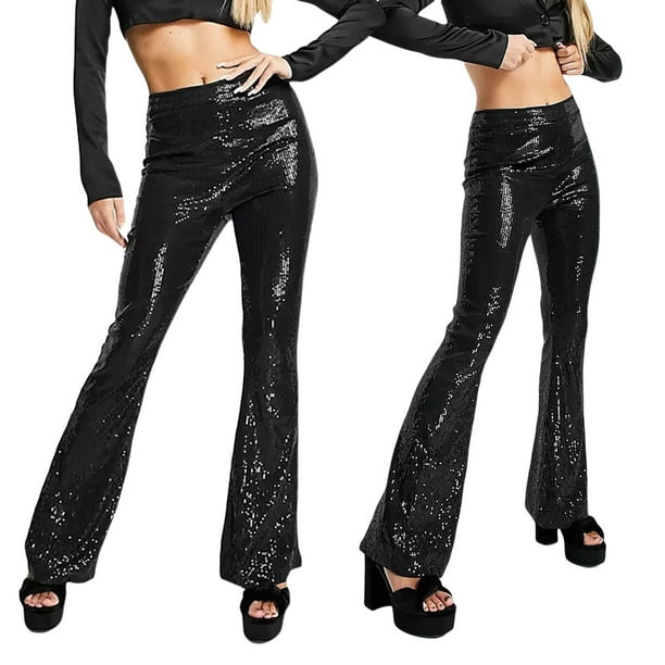 Pudcoco Women Flare Pants, Shiny Sequined Stretchy Slim Fit Ladies Long  Trousers for Club Bar