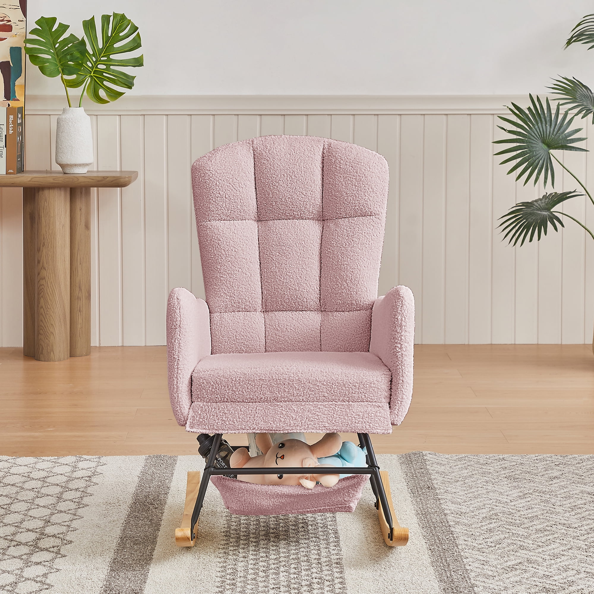 Leumius Teddy Rocking Accent Chair,High Backrest Upholstered Armchair Reading Chair for Reading,Bedroom,Living Room,Pink