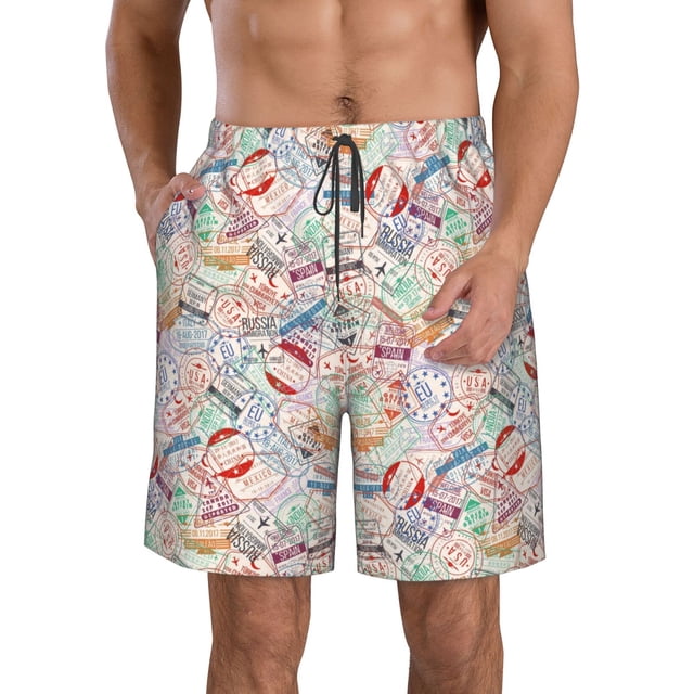 Balery Passport Stamp Traje de Baño Estilo Hawaiano para Hombre, Shorts de Secado Rápido con Bolsillos-Medium
