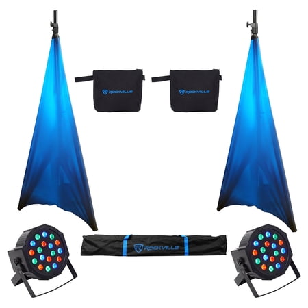 (2) Rockville Tripod DJ PA Speaker Stands+Carry Case+Scrims+(2) RGB Par Lights