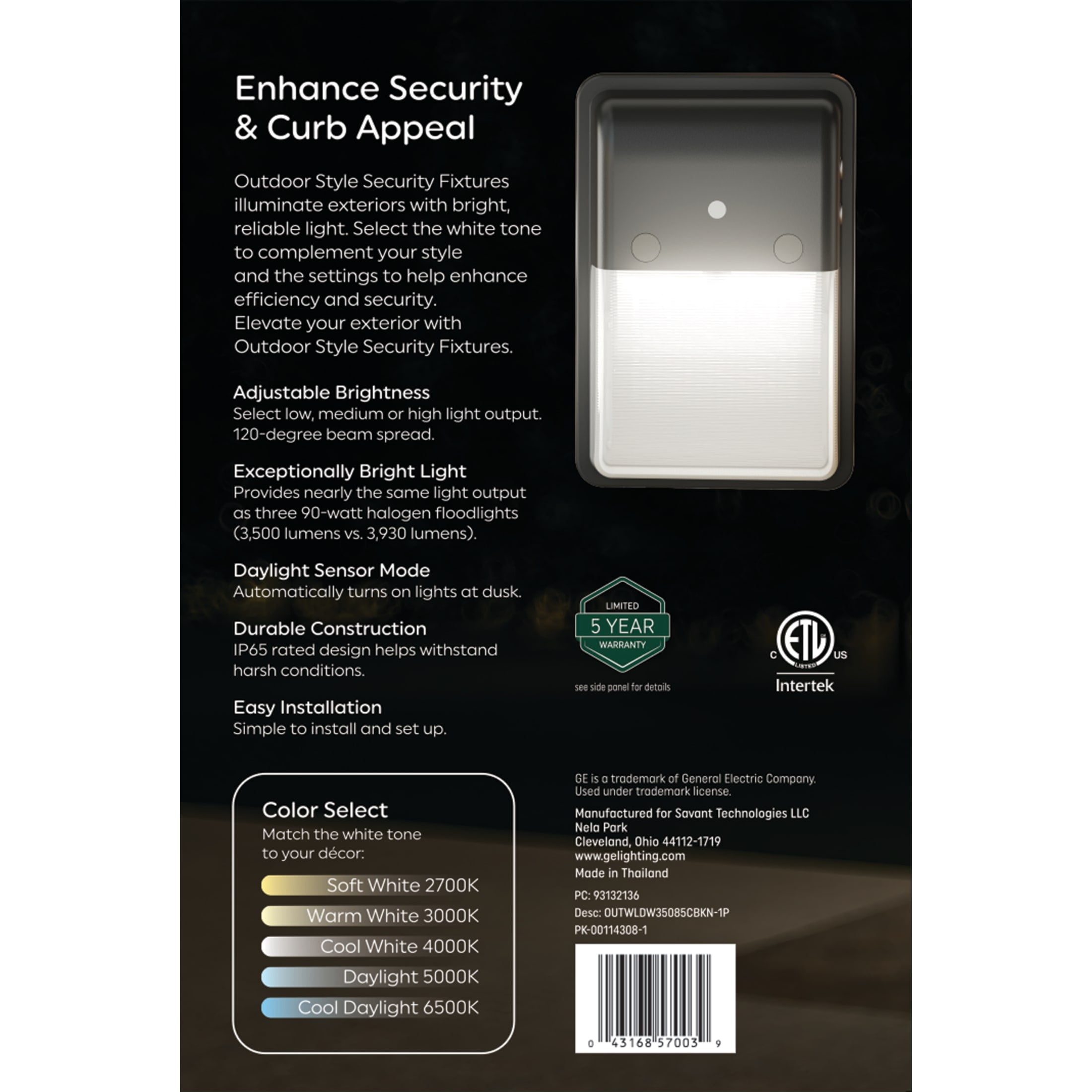 GE Outdoor Security LED Wall Light with Dusk to Dawn Sensor, Hardwired,  3500 Lumens, image size:2200x2200