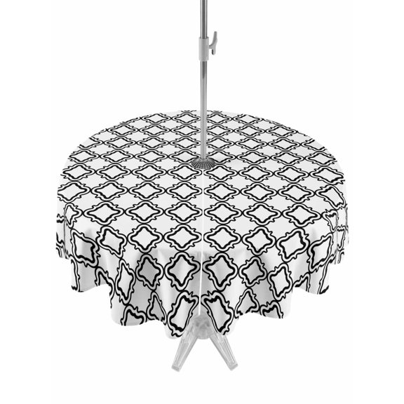Outdoor Tablecloth with Umbrella Hole for Patio/Picnic/Party/Camping, Black White Morocco Waterproof Table Cloth Round Cover Washable, Modern Abstract Classic Geometric (Dia 54")