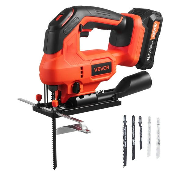 Scie sauteuse sans fil VEVOR, 20 V, vitesse de lame de 3 000 coups par minute, avec batterie et chargeur, éclairage LED, 6 vitesses variables, coupes en biseau de 0 à 45 °, avec 6 lames
