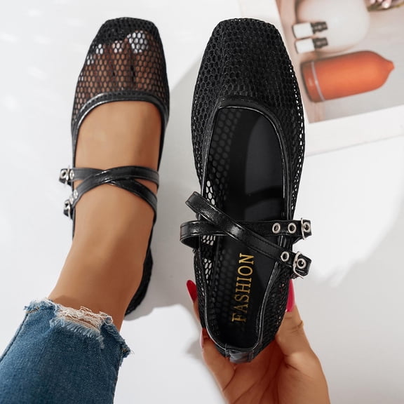 Samdudou Flat Shoes for Women Closed Toe Square Design Breathable Mesh Upper Double Criss Cross Straps Studded Rivet Slip On Casual Summer Vacation Dressy Footwear