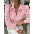 thumbnail image 5 of Womens Long Puff Sleeve Blouse V Neck Buttons Hollow Out Lace Embroidered Blouses Shirts Pink L, 5 of 7