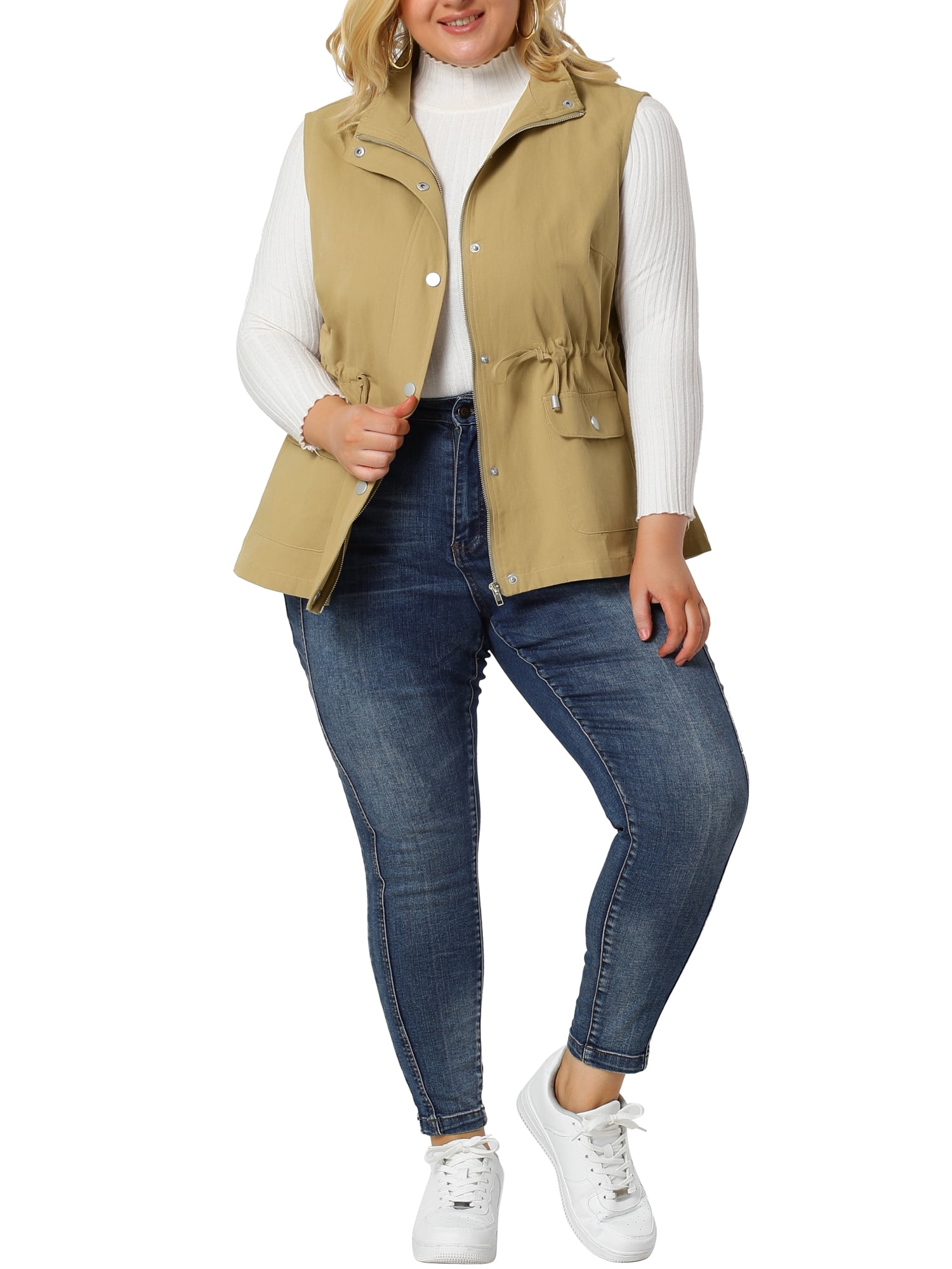 DARING DIVA Women's Plus Size Lightweight Sleeveless Anorak Cargo Vest 1X Khaki
