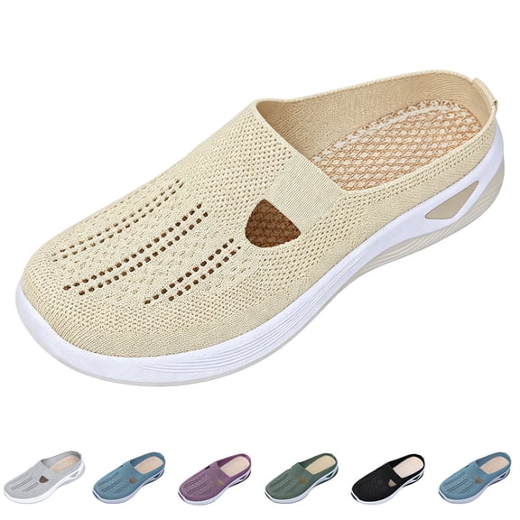 Domzle Breathable Slip On Backless Sneakers for Women Mesh Mules Toe Comfortable Non-Slip Orthopedic Walking Lightweight Open Back Tennis Shoes White