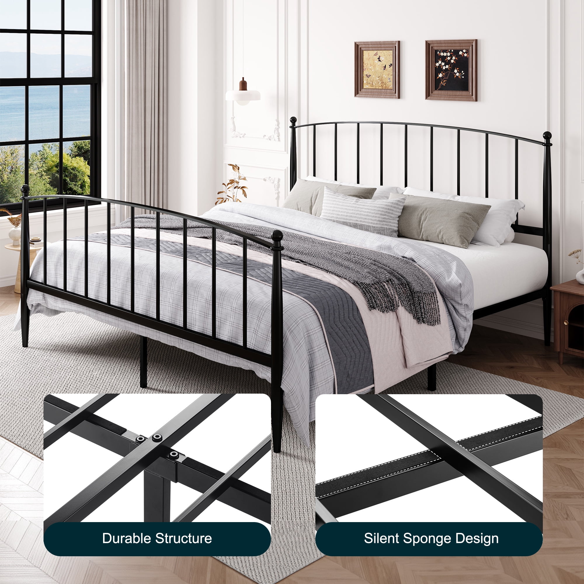 Amolife King Bed Frame, Metal Platform Bed with Curved Headboard and Footboard, Ample Under-Bed Storage Space, No Box Spring Needed, Black