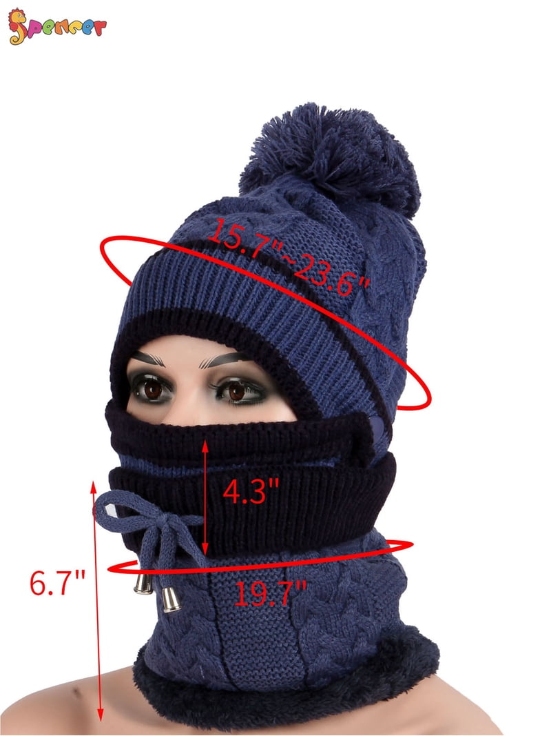 Women's Winter Knitted Beanie & Scarf Set - 3-in-1 Pom Pom Hat With Ear Cuff, Thermal & Windproof For Skiing, Hiking, Cycling (Pink)