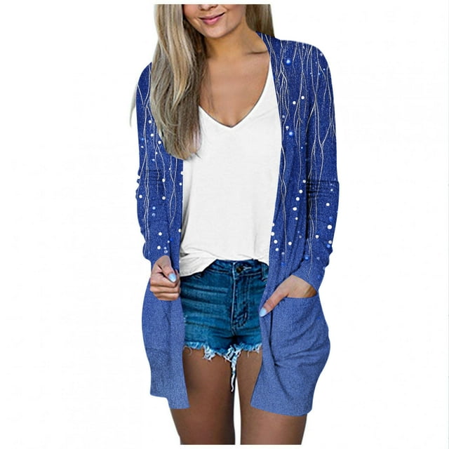 Économies d'Automne! srobpty Cardigan à Manches Longues pour Femmes, Mode Décontractée, Imprimé, avec Poches, Bleu, P