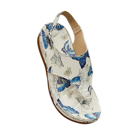 

Womens Orthopedic Sandals Ladies Comfy Flip Flops Post Thong Slippers Summer Flat Butterflys Print Back Buckle Roman Sliders Low Wedge Open Toe Breathable Beach Shoes