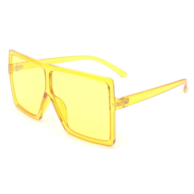 Newbee Fashion Square Vintage Oversized Large Frame Fashion Sunglasses for Women, Men, Junior Teen, Rectangle Flat Top Composite Frame, Big Wind Shield Lens, UV 400, Yellow Frame Yellow Lens