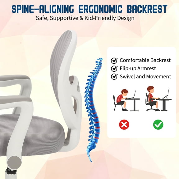 Ergonomic Kids Desk Chair with Adjustable Height, Swivel Seat & Footrest – Breathable Mesh Back for Study, Homework – Light Gray