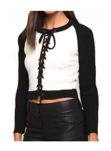 Colorblock Lace-Up Sweater Ivory 