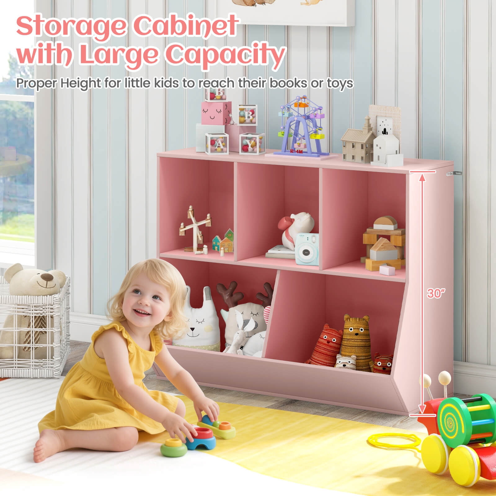 Costway 5-Cubby Kids Toy Storage Organizer Wooden Bookshelf Display Cabinet Pink