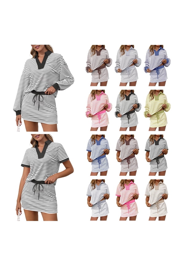Womens Striped 2 Piece Outfits Casual Long Sleeve Sweatshirt and Skirt Skort Workout Set Matching Lounge Sets, Black, M