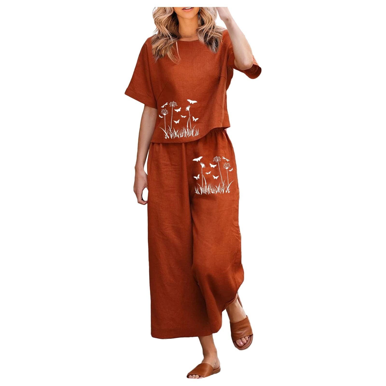 Womens Pants Cute Outfits for Women Party Linen Sets for Women 2 Piece Ladies Cotton Short Sleeve Printed Blouse Loose Adult Female Clothes Orange